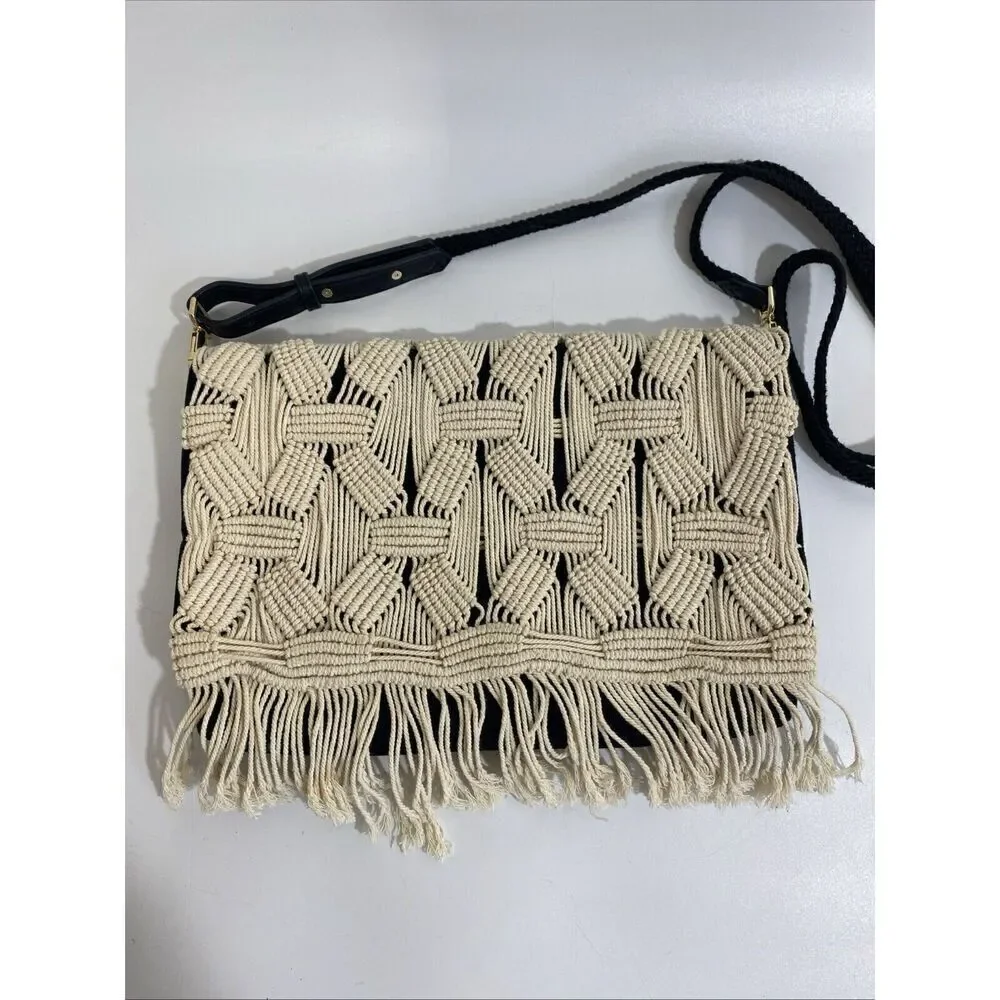 Stella & Dot Macrame Fringe Clutch Purse Evening Party Boho Black‎ & Cream